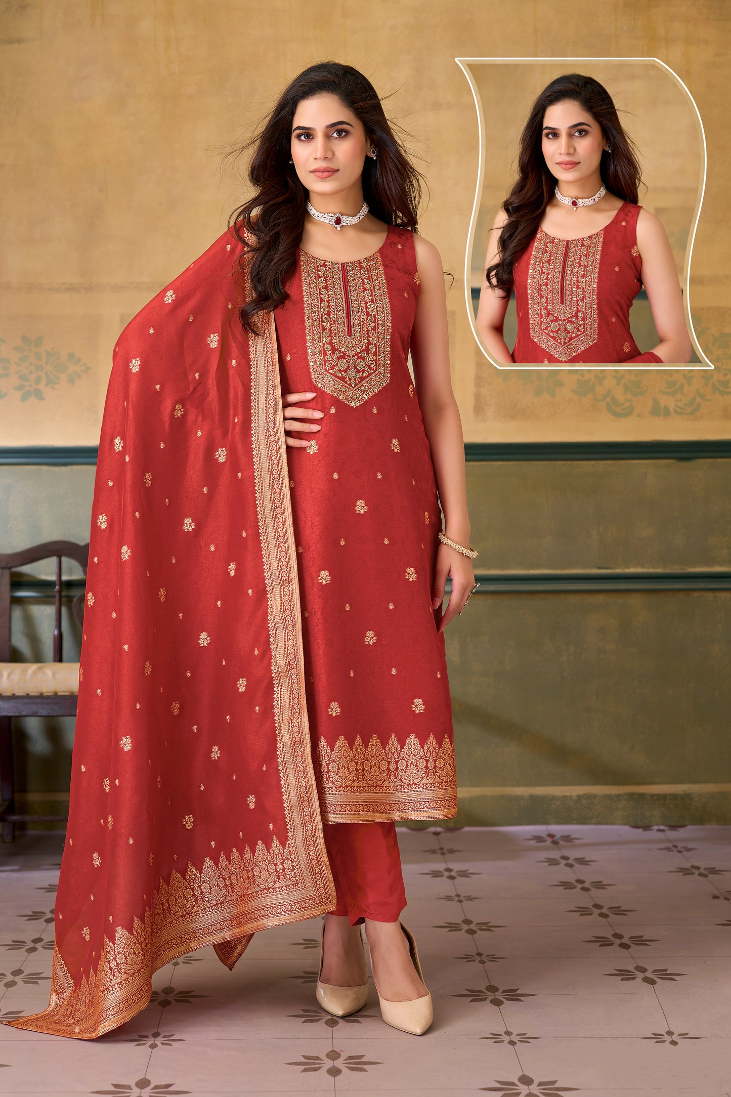 Vermilion Red Silk Woven Suit Set