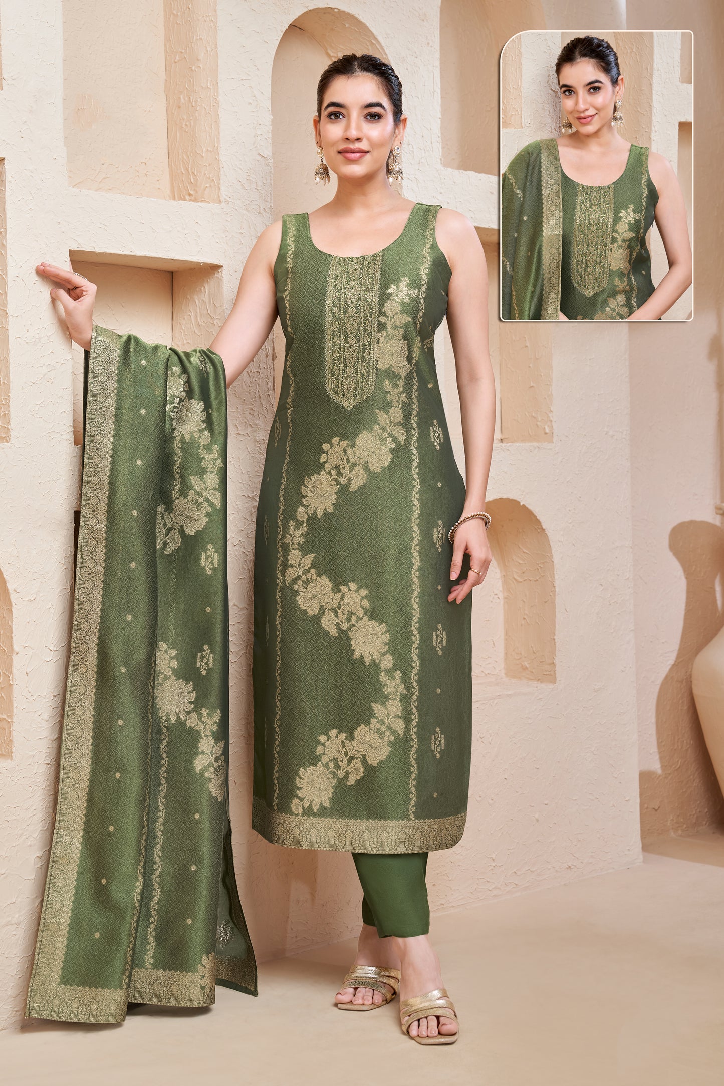 Sage Olive Silk Woven Suit Set