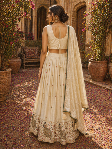 Ivory Chinnon Silk Lehenga Set with Multicolor Embroidered Blouse & Dupatta