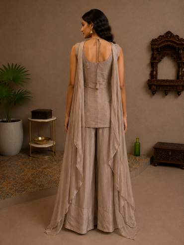 Dusty Mauve Embroidered Silk Jacket Palazzo Set
