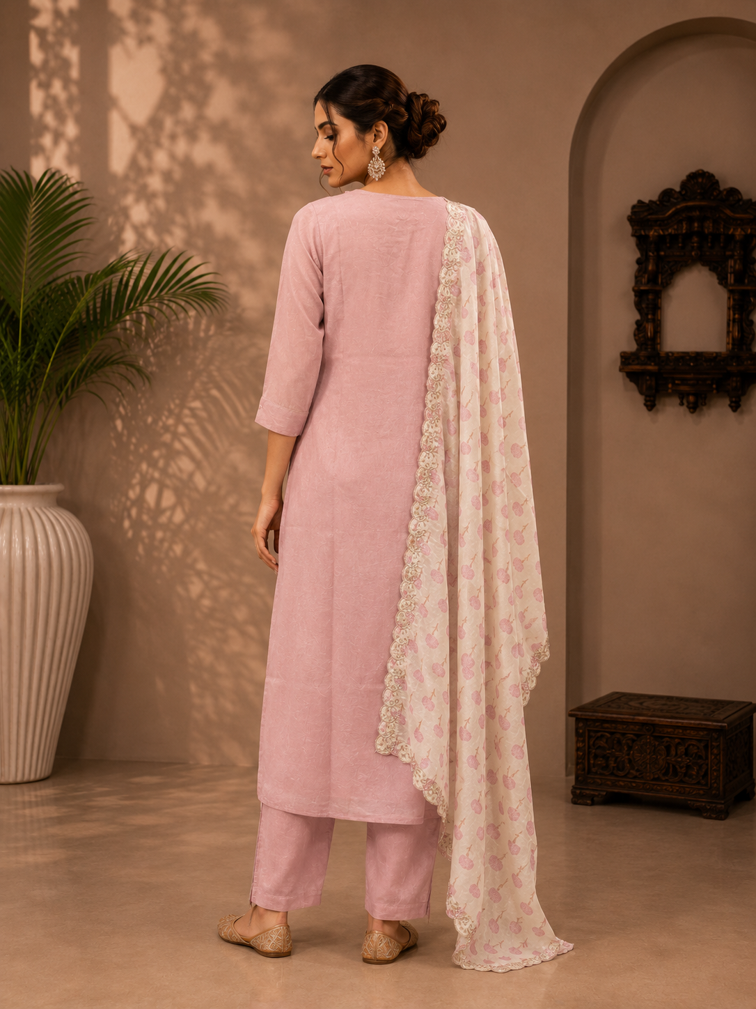 Blush Pink Vichitra Silk Straight Suit Set with Printed Dupatta