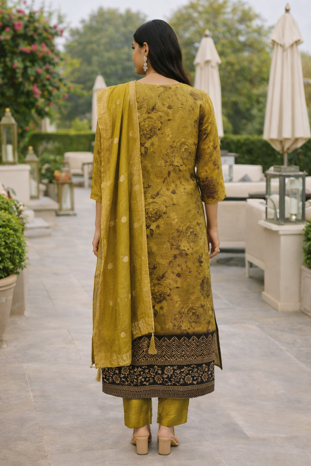Olive Gold Silk Straight Kurta Set with Printed Hem & Dupatta