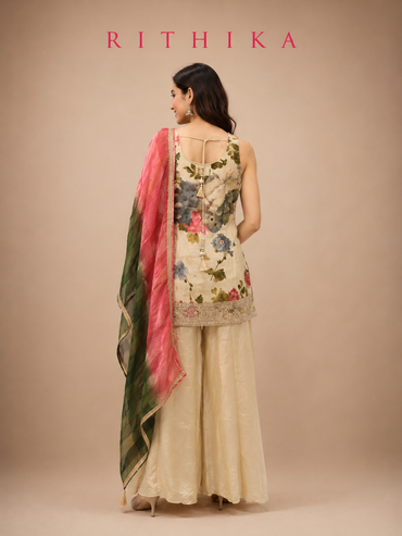 Ivory Floral Printed Tissue Silk Sharara Set with Organza Dupatta