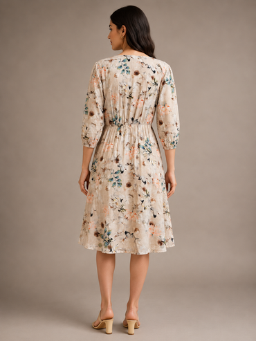 Imported Lycra Floral Printed Fit & Flare Midi Dress – Beige