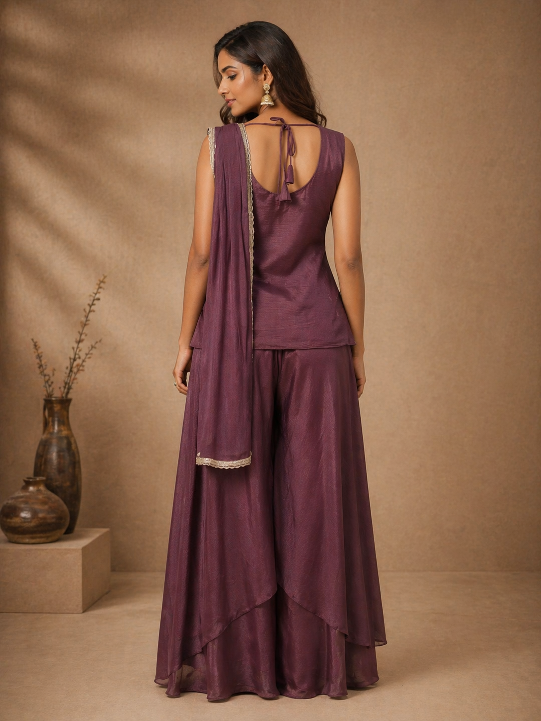 Wine Chinnon Silk Sharara Set with Heavy Embroidered Kurta & Dupatta | Festive Wear