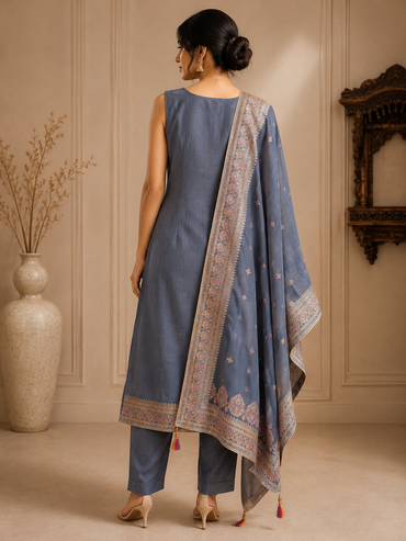 Premium Silk Straight Suit Set with Woven Organza Dupatta – Steel Blue