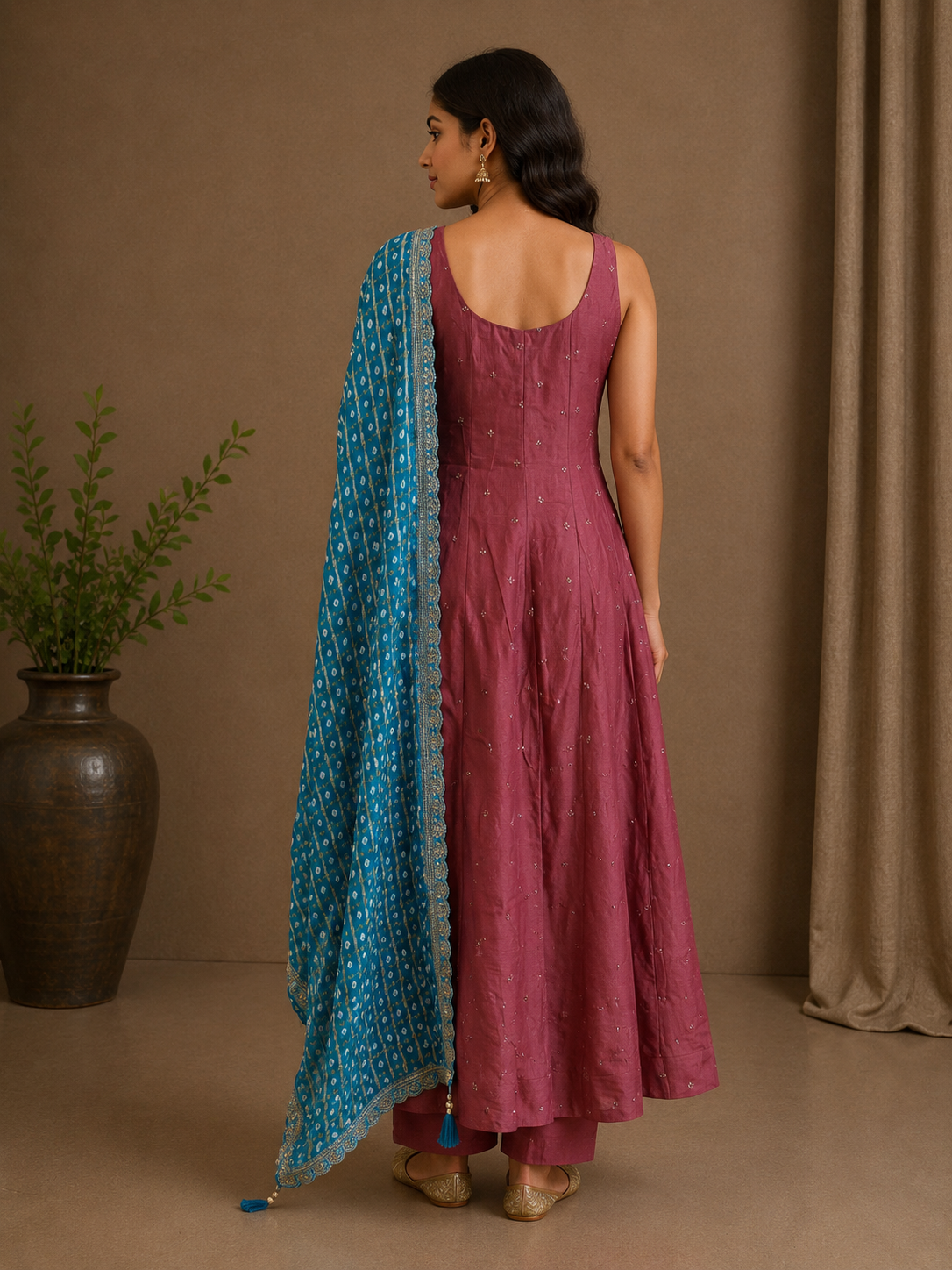 Rose Pink Vichitra Silk Anarkali with Turquoise Dupatta