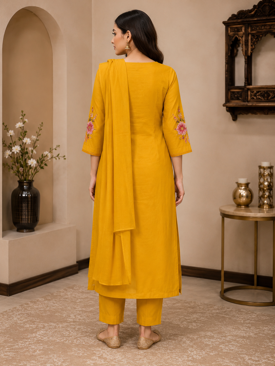 Mustard Mul Chanderi Floral Embroidered Kurta Pant Set with Dupatta