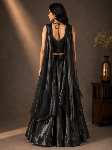 Black Tissue Silk Lehenga Set with Embellished Blouse