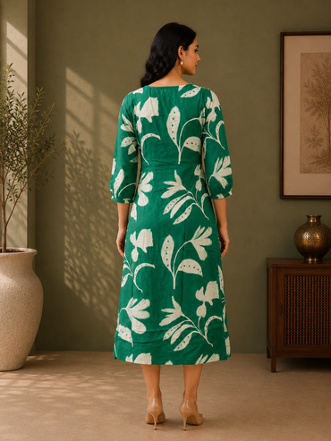 Green Muslin Silk Floral Printed A-Line Dress for Women