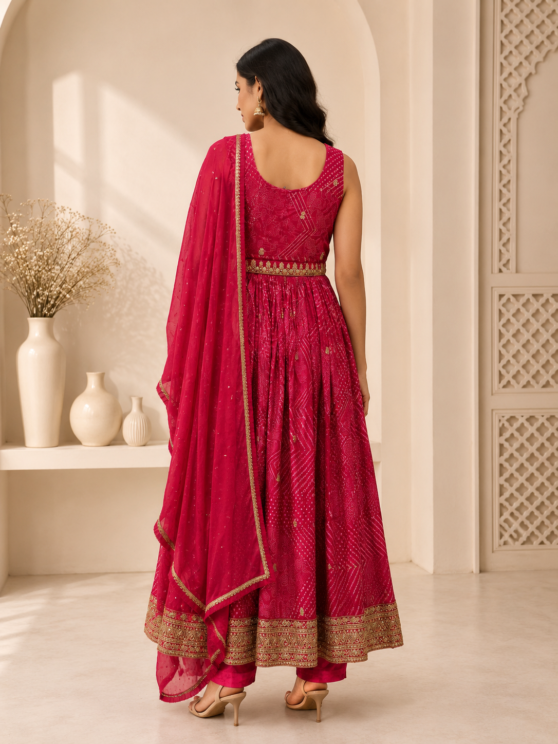 Premium Silk Anarkali Suit Set with Zari Border & Dupatta – Rani Pink