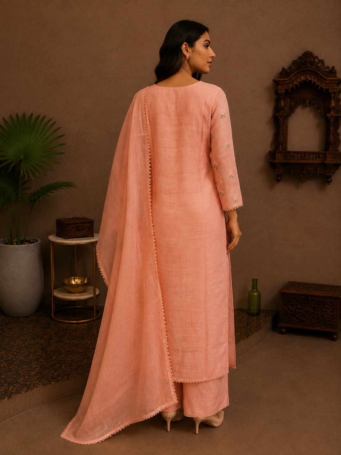 Peach Blush Muslin Silk Embroidered Suit Set
