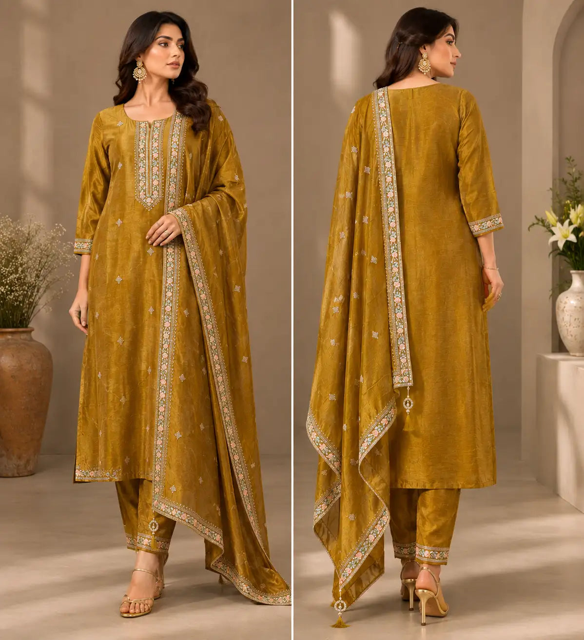 Olive Gold Embroidered Kurta Set with Dupatta