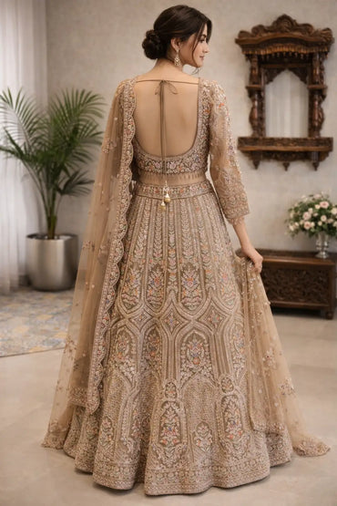 Beige Net Embroidered Lehenga Set