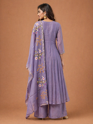 Lavender Mul Chanderi Embroidered Anarkali Kurta Set with Dupatta