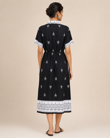 Black Imported Lycra Printed Shirt Midi Dress with Pockets