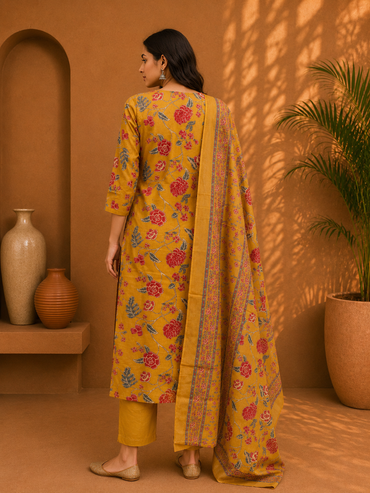 Women's Cotton Floral Print Kurta Pant Set with Dupatta