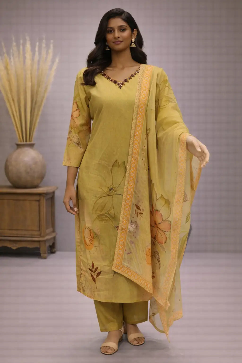 Olive Green Cotton Floral Printed Kurta Set with Dupatta