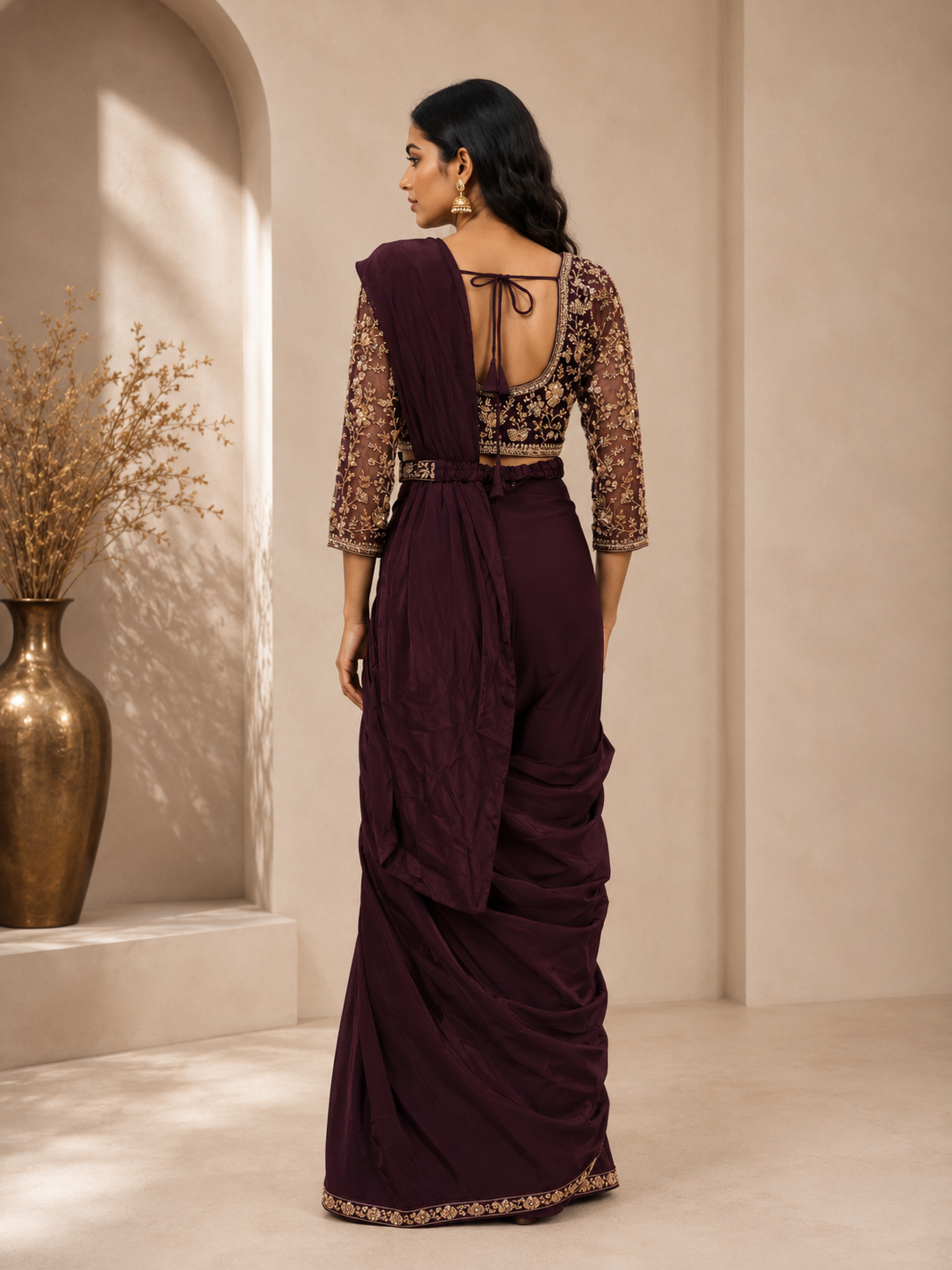 Premium Silk Embroidered Saree with Designer Blouse – Deep Plum