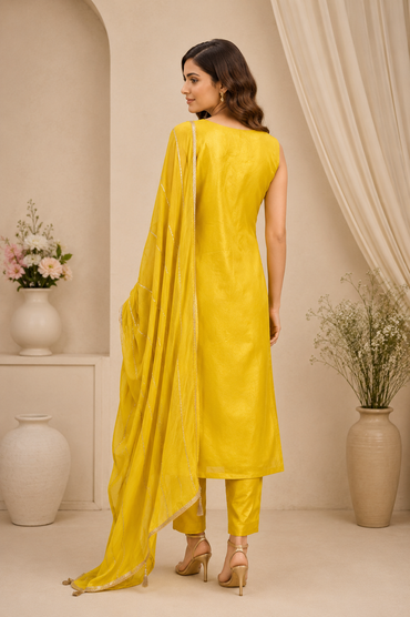Mustard Yellow Silk Floral Kurta Set with Pants & Dupatta