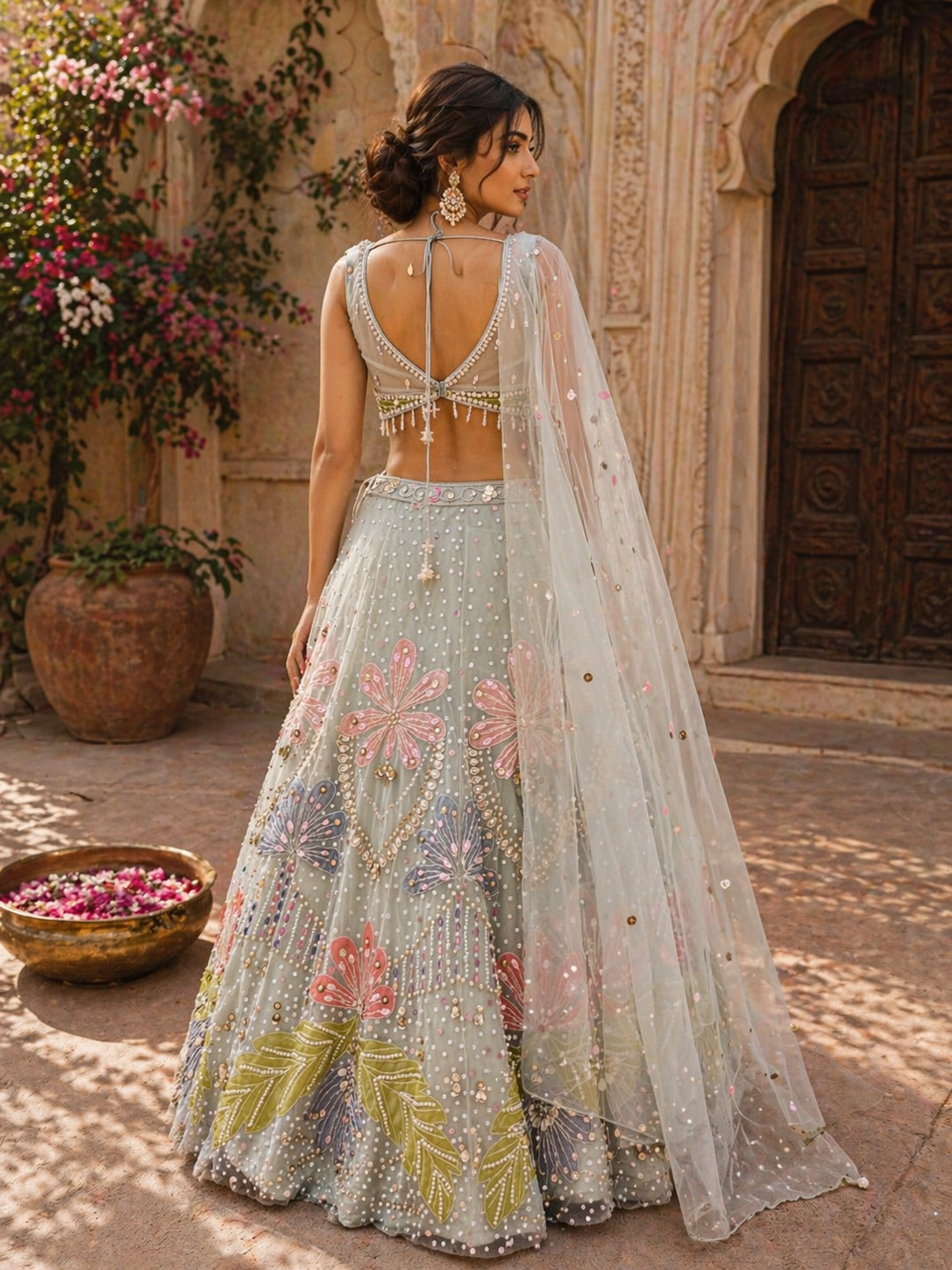 Pastel Net Lehenga Set with Multicolor Floral Embroidery & Designer Blouse | Bridal Wear