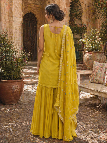 Sunshine Yellow Chinnon Silk Kurta Set with Gharara & Embroidered Dupatta