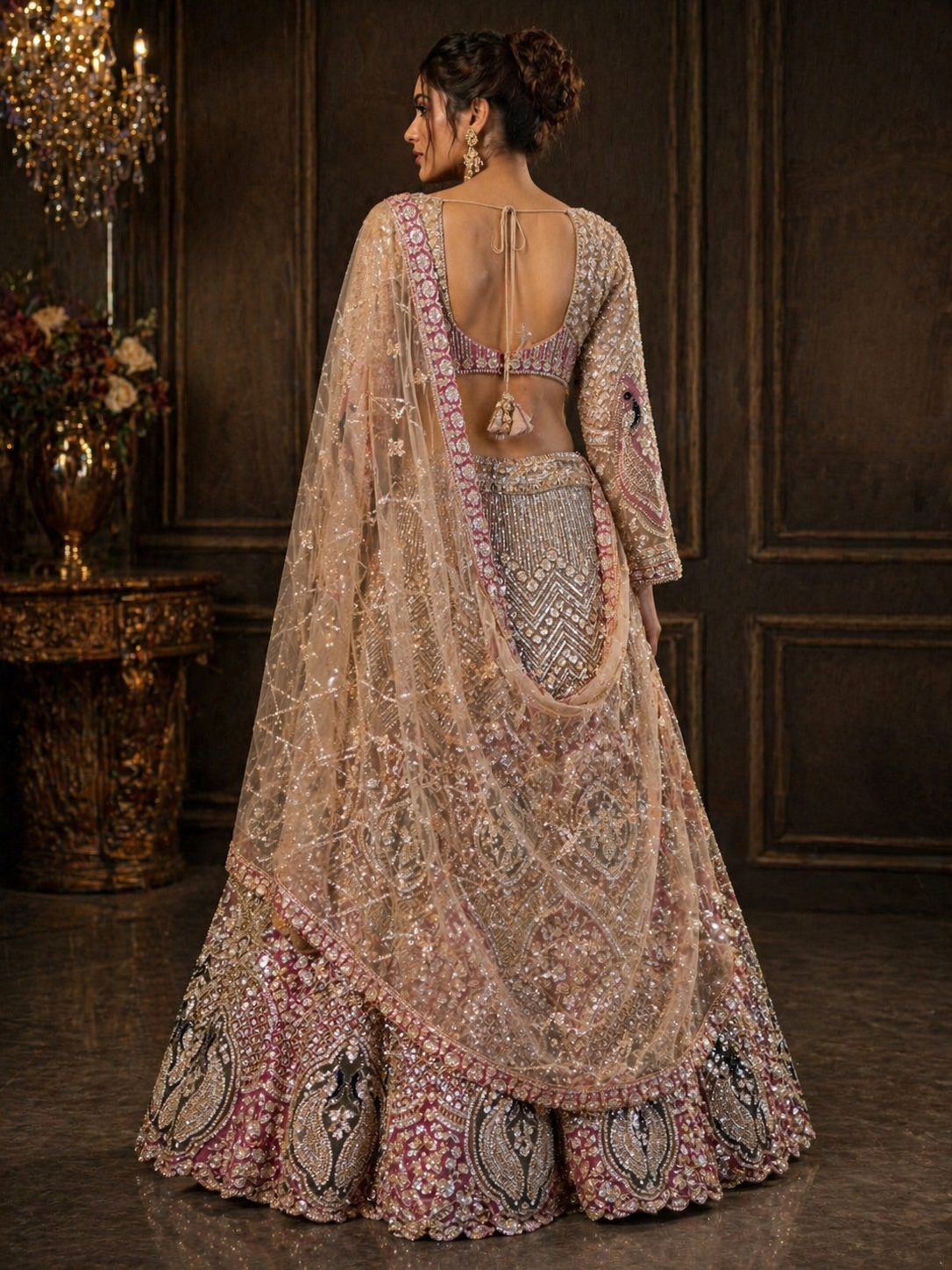 Rose Gold & Champagne Embroidered Bridal Lehenga Set with Net Dupatta