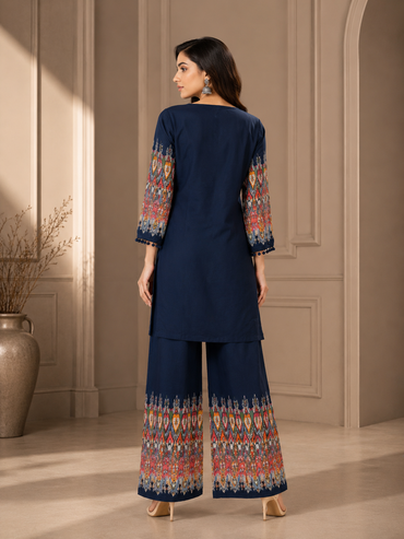 Navy Blue Printed Rayon Kurta Set with Palazzo Pants