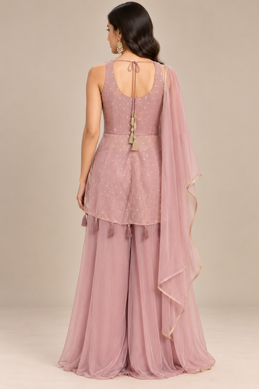 Blush Pink Tissue Embroidered Sleeveless Kurta Set with Palazzo & Dupatta
