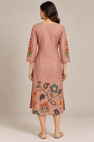 Dusty Rose Linen Floral Kurti