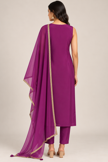 Plum Purple & Gold Printed Straight-Cut Suit Set with Dupatta