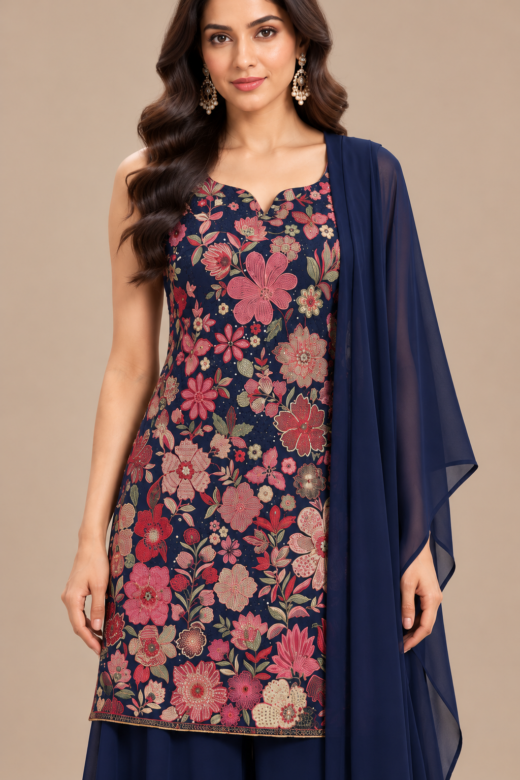 Dark Navy Blue Floral Embroidered Georgette Kurta Sharara Set with Dupatta for Women
