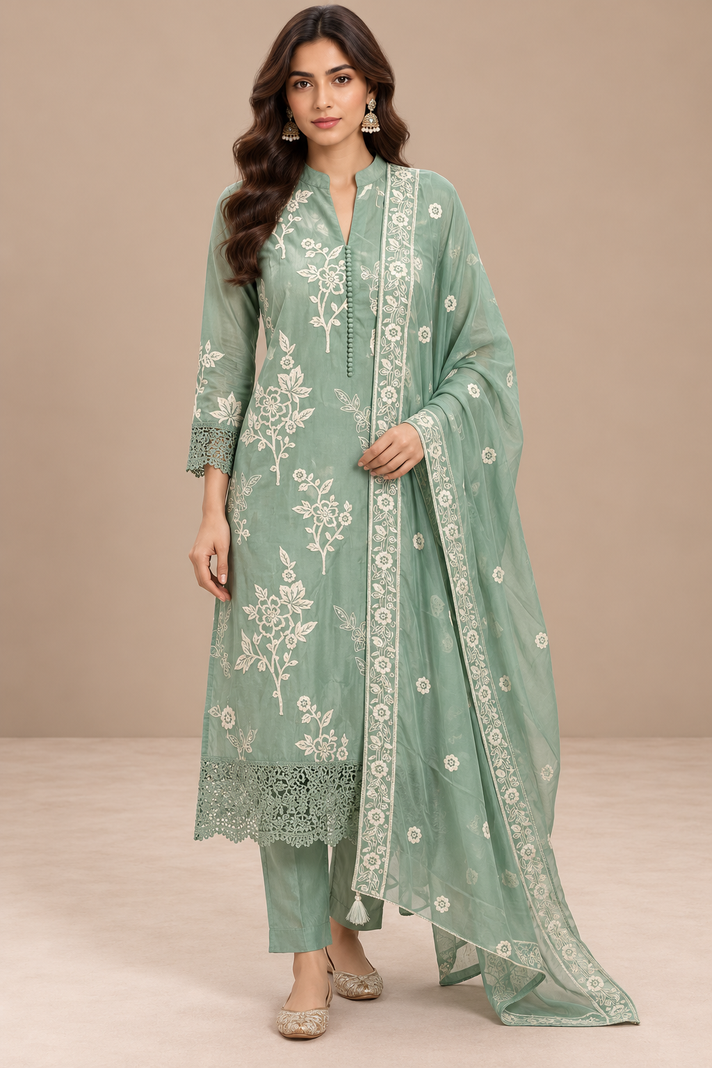 Sage Green Chinon Silk Embroidered Suit Set