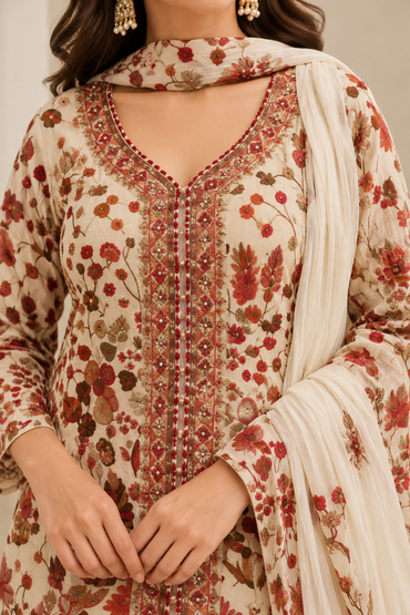 Ivory Floral Embroidered Kurta Palazzo Set with Dupatta