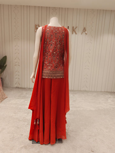 Georgette Embroidered Short Kurta Sharara Set with Dupatta – Vermilion Red