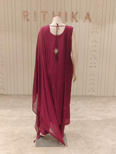 Banaras Silk Woven Straight Suit Set with Dupatta – Wine Maroon