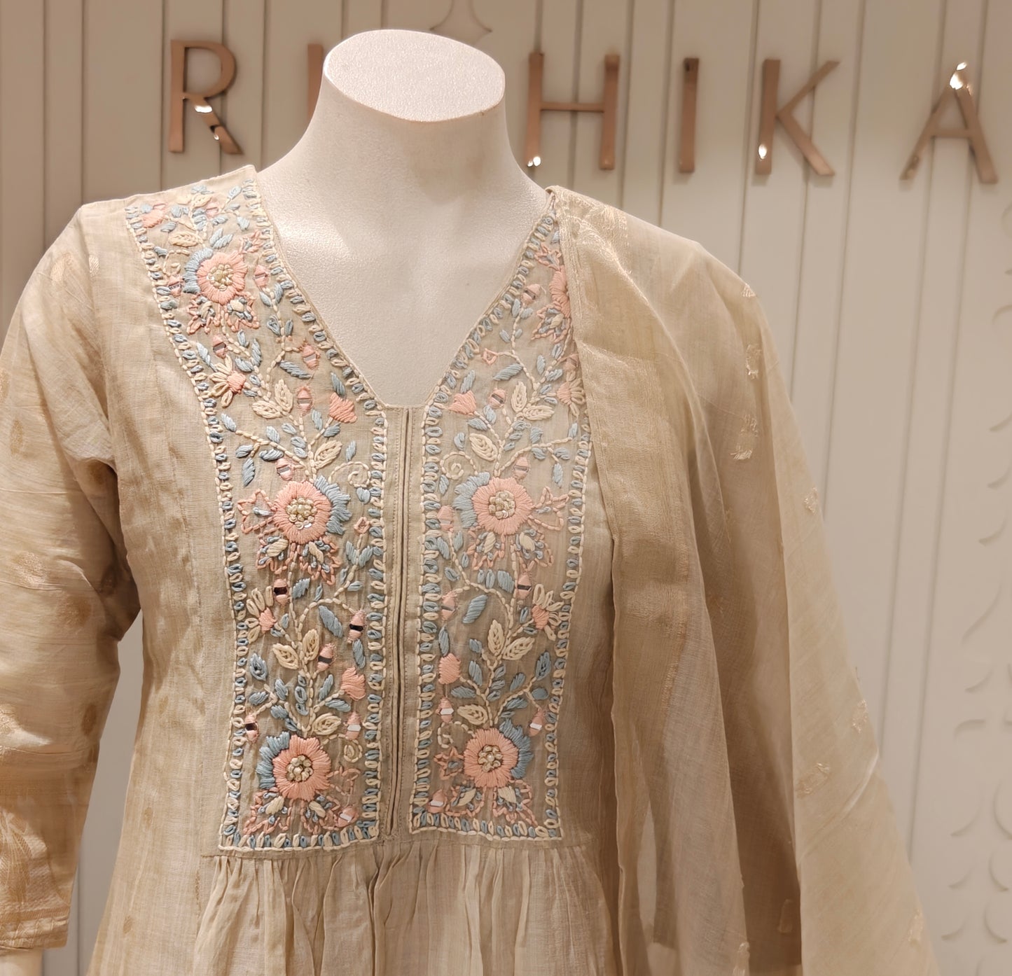 Chanderi A-Line Embroidered Suit Set with Dupatta – Beige