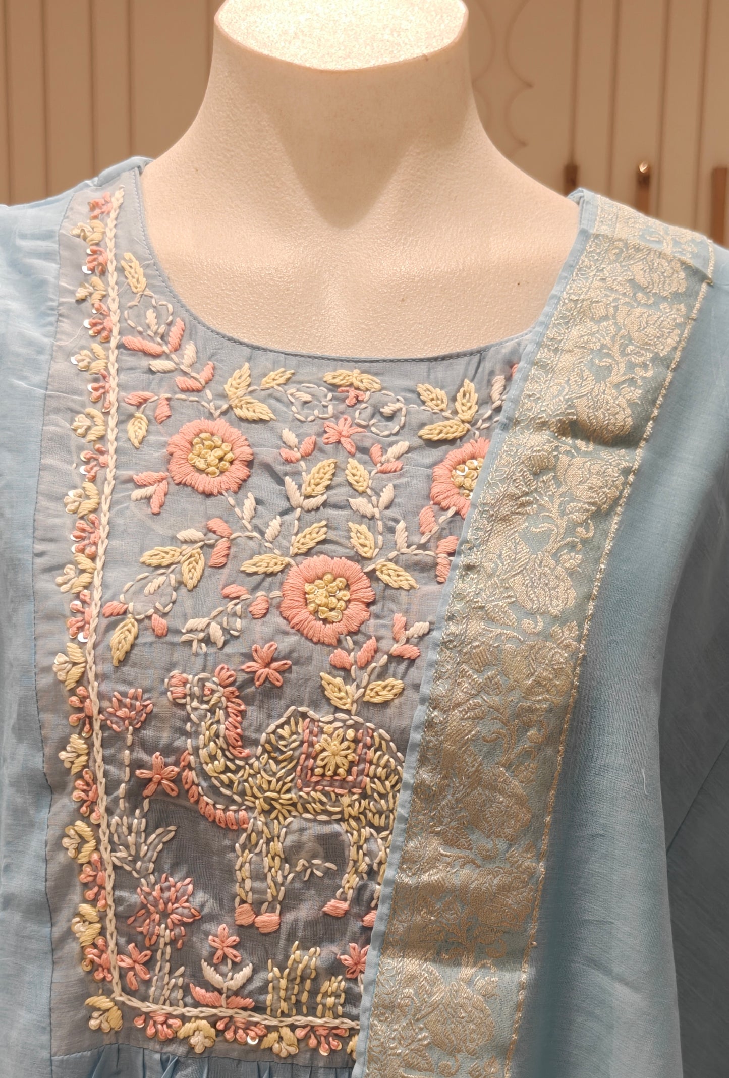 Sky Blue Chanderi A-Line Embroidered Suit Set with Dupatta