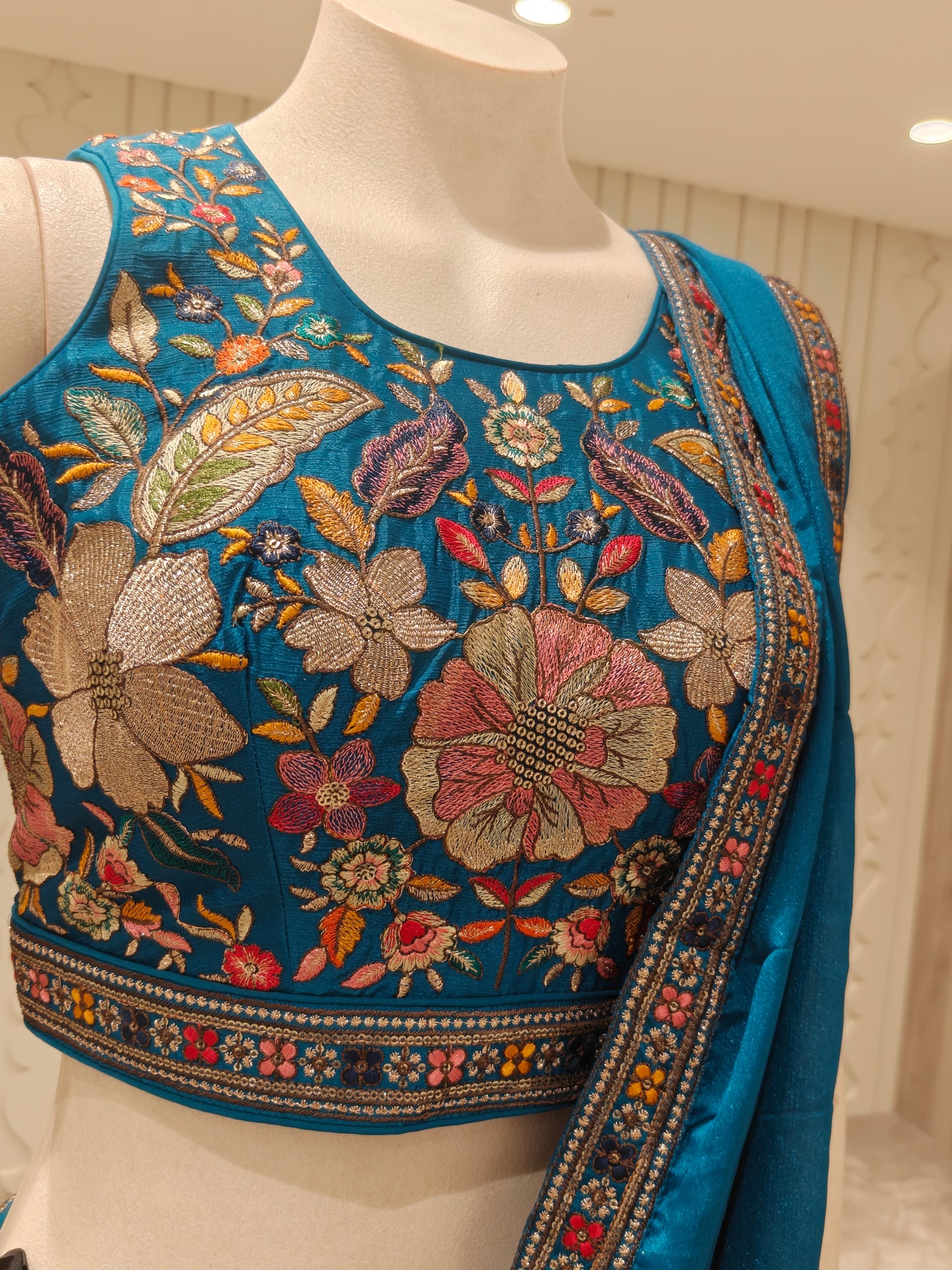 Teal Blue Silk Floral Embroidered Lehenga Set with Dupatta