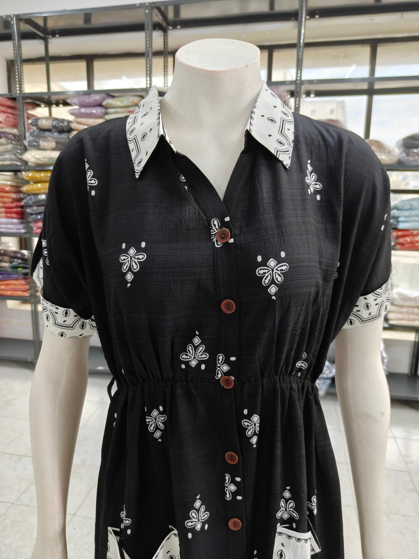Black Imported Lycra Printed Shirt Midi Dress with Pockets