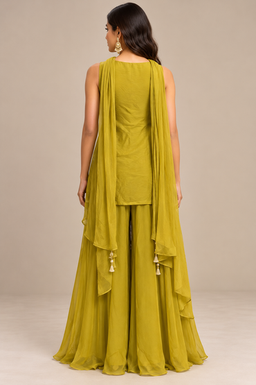 Mustard Yellow Silk Embroidered Short Kurta Set with Flared Palazzo & Dupatta