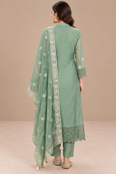 Sage Green Chinon Silk Embroidered Suit Set