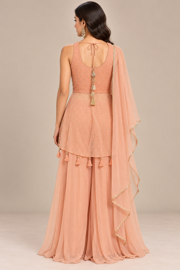 Peach Tissue Embroidered Sleeveless Kurta Set with Palazzo & Dupatta