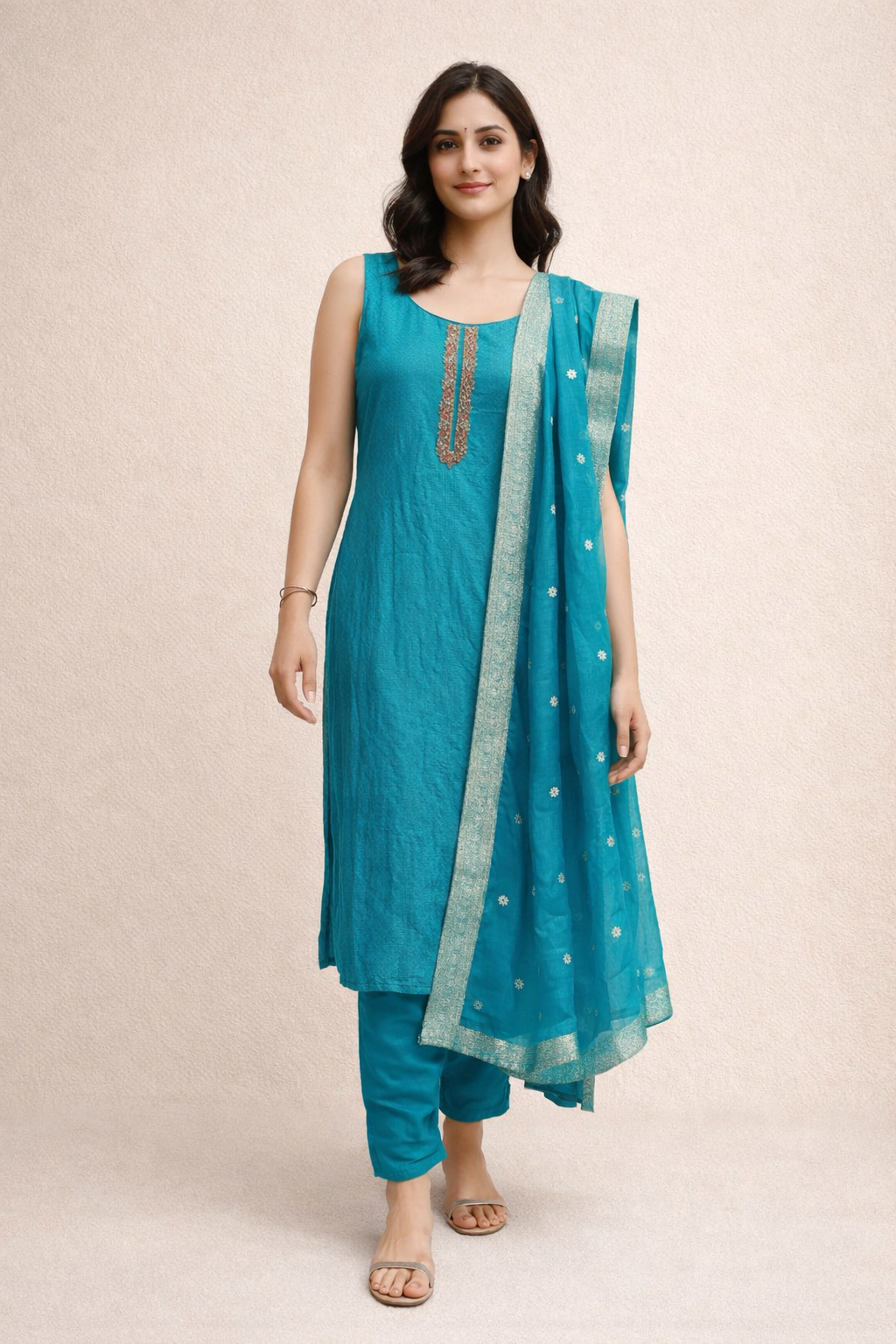 Teal Blue Silk Kurta Set with Pants & Dupatta