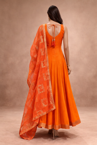 Vibrant Orange Anarkali Gown Set with Dupatta