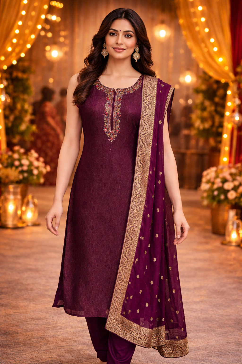 Wine Purple Silk Embroidered Kurta Set with Pants & Dupatta