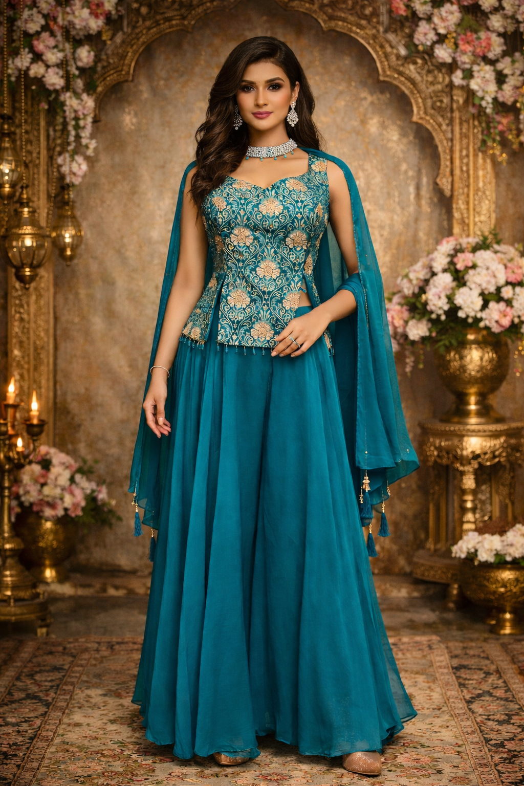 Teal Blue Embroidered Silk Peplum Sharara Set with Dupatta for Women