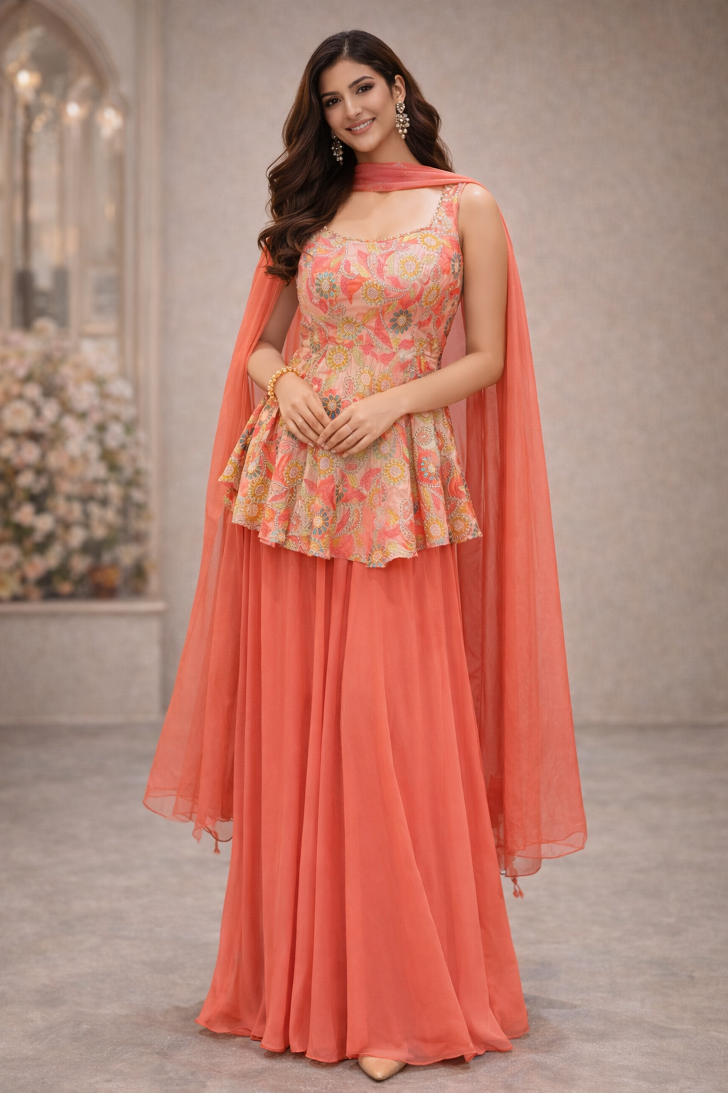 Peach Floral Embroidered Silk Peplum Sharara Set with Dupatta for Women