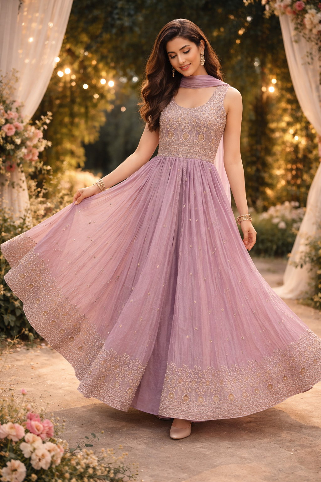 Elegant Lavender Embroidered Anarkali Gown with Dupatta