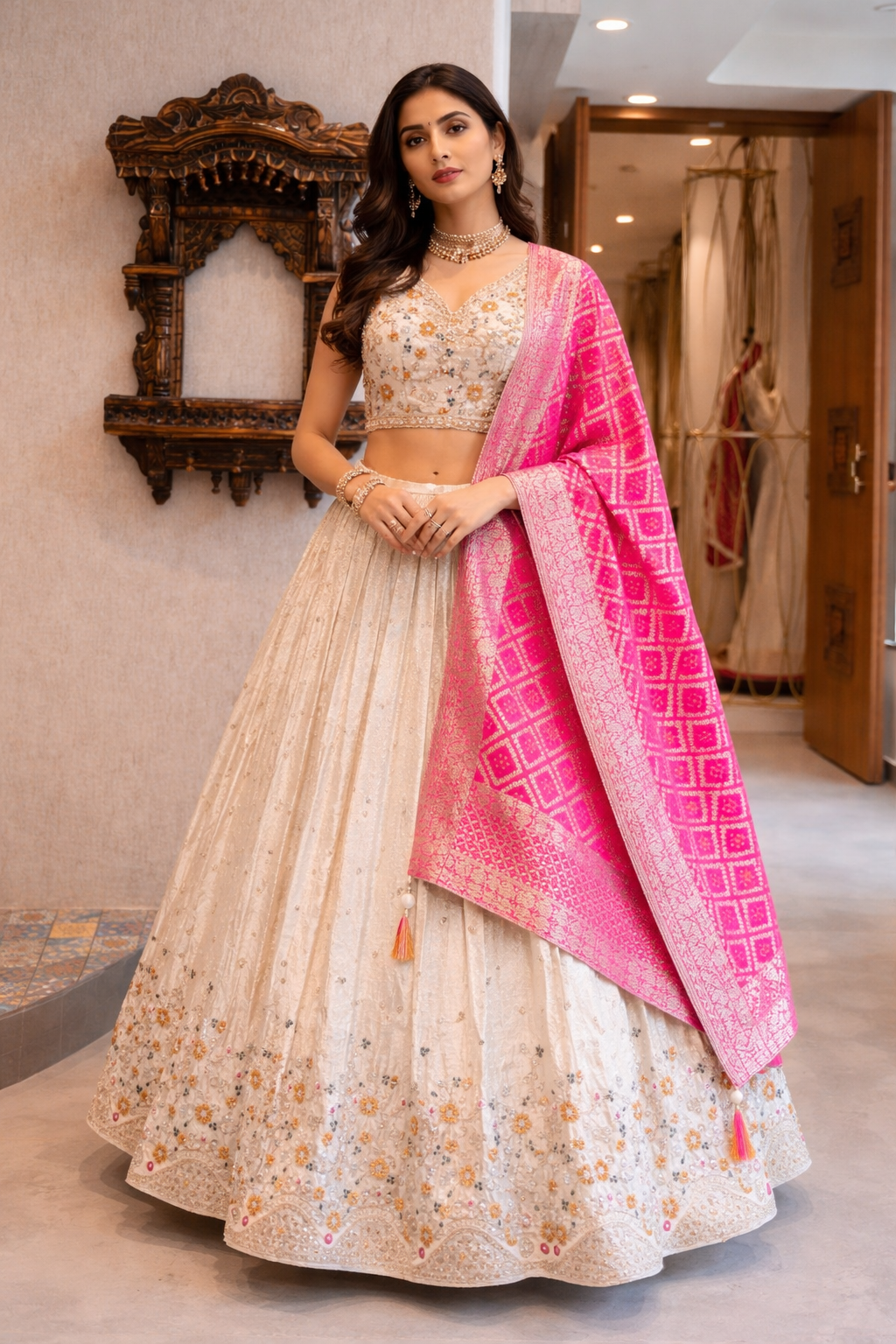 Elegant Ivory Embroidered Silk Lehenga Choli with Pink Banarasi Dupatta